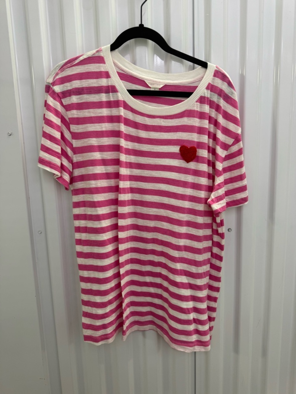 Caslon: Pink & White Striped Tee with Heart Patch